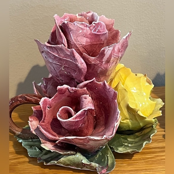 Vintage Pink Roses Pair Of Candle Stick Holders Italian Porcelain 5”T X 6”W - Picture 3 of 12